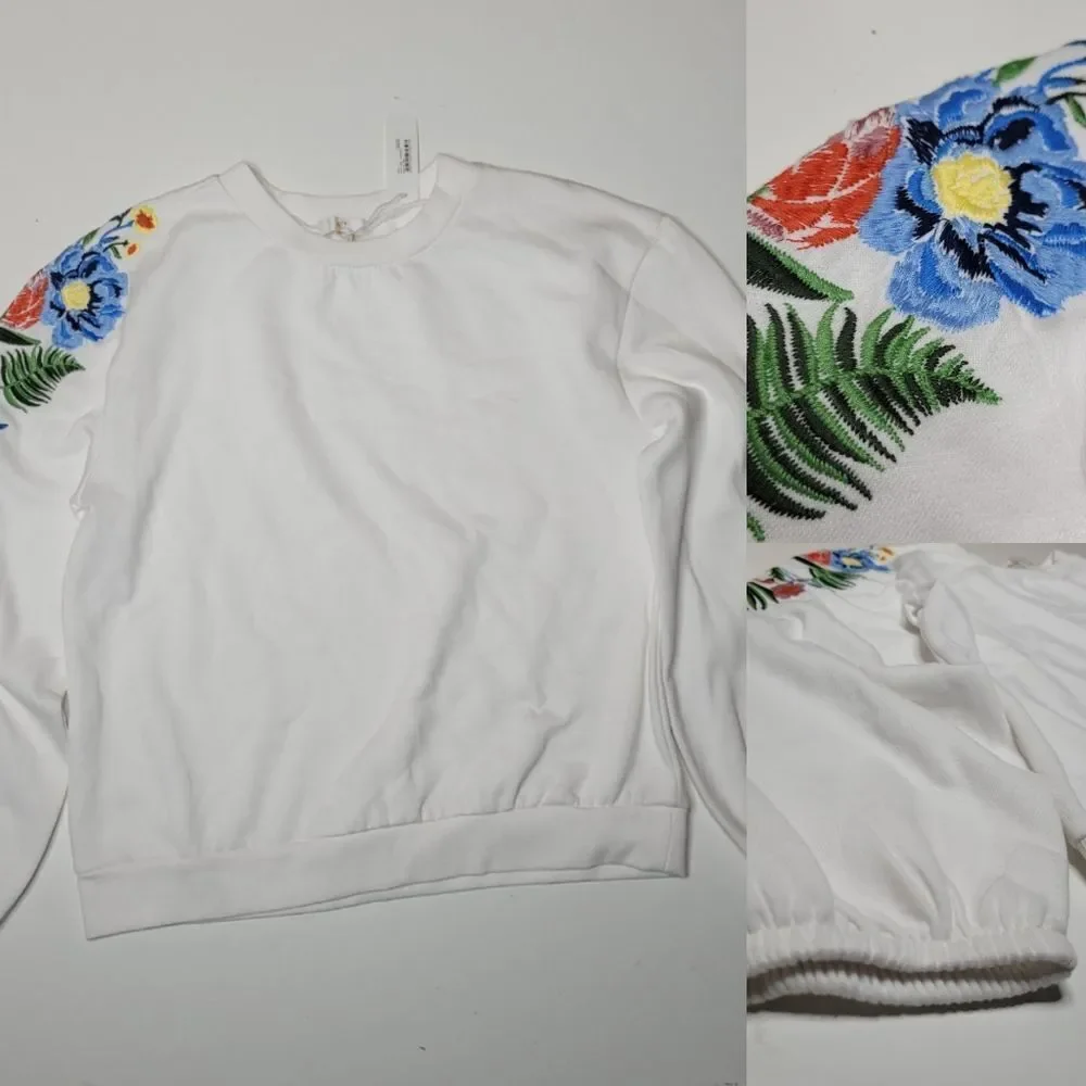NEW S Johnny Was style embroidered floral cuffed oversized sweatshirt small NWT - Picture 1 of 10